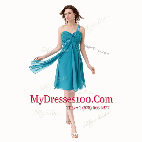Dazzling A-line Cocktail Dresses Teal One Shoulder Chiffon Sleeveless Knee Length Side Zipper