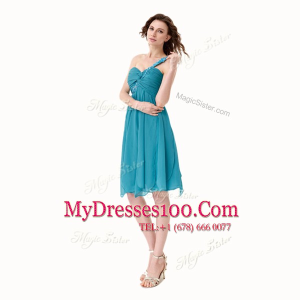 Dazzling A-line Cocktail Dresses Teal One Shoulder Chiffon Sleeveless Knee Length Side Zipper