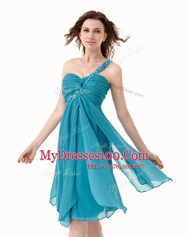Dazzling A-line Cocktail Dresses Teal One Shoulder Chiffon Sleeveless Knee Length Side Zipper