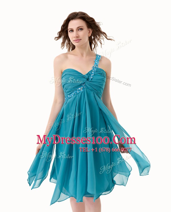 Dazzling A-line Cocktail Dresses Teal One Shoulder Chiffon Sleeveless Knee Length Side Zipper