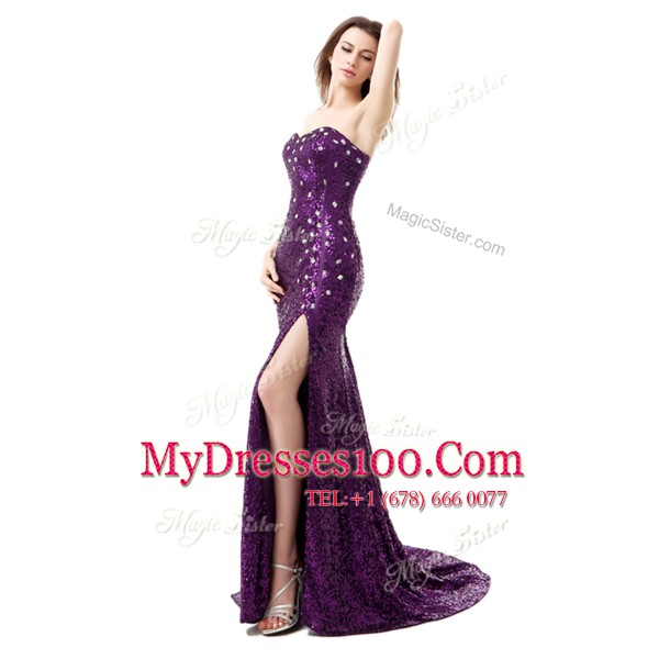 Mermaid Beading and Ruffles Going Out Dresses Purple Side Zipper Sleeveless Floor Length Brush Train