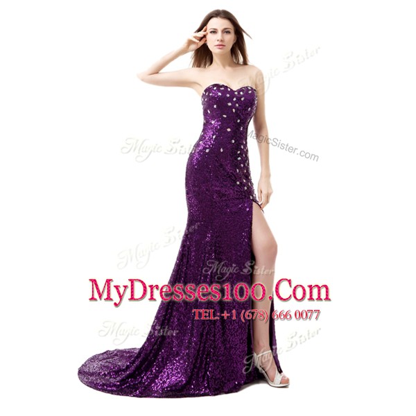Mermaid Beading and Ruffles Going Out Dresses Purple Side Zipper Sleeveless Floor Length Brush Train