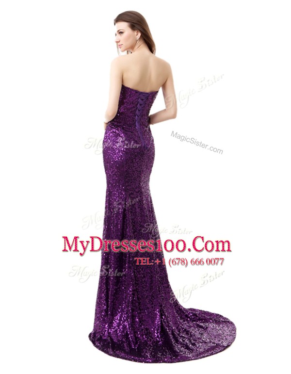 Mermaid Beading and Ruffles Going Out Dresses Purple Side Zipper Sleeveless Floor Length Brush Train