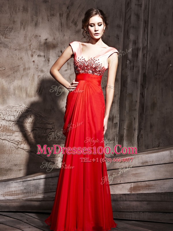 Custom Design Coral Red Empire Chiffon V-neck Cap Sleeves Beading Floor Length Backless Prom Evening Gown