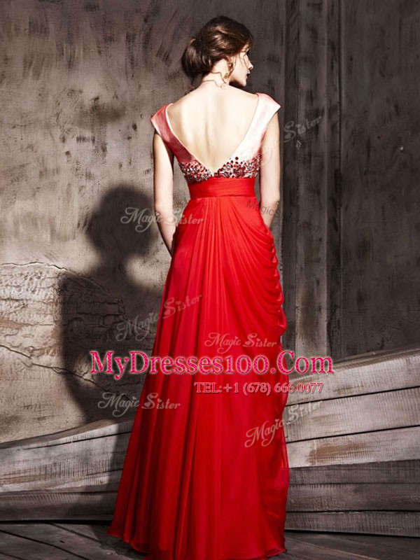 Custom Design Coral Red Empire Chiffon V-neck Cap Sleeves Beading Floor Length Backless Prom Evening Gown