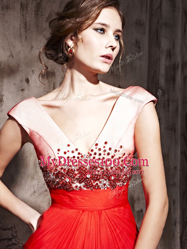 Custom Design Coral Red Empire Chiffon V-neck Cap Sleeves Beading Floor Length Backless Prom Evening Gown