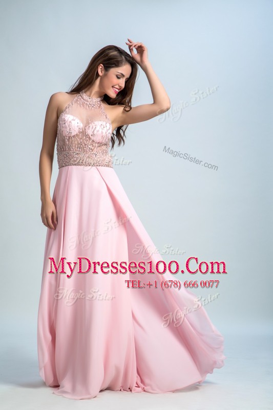 Perfect Halter Top Floor Length Baby Pink Dress for Prom Chiffon Sleeveless Beading