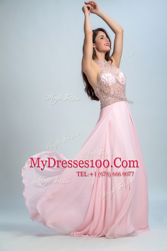 Perfect Halter Top Floor Length Baby Pink Dress for Prom Chiffon Sleeveless Beading