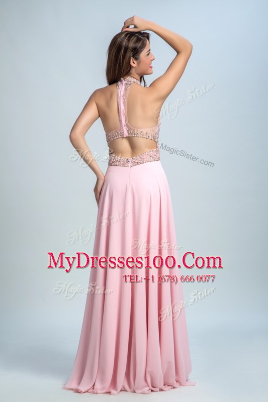 Perfect Halter Top Floor Length Baby Pink Dress for Prom Chiffon Sleeveless Beading