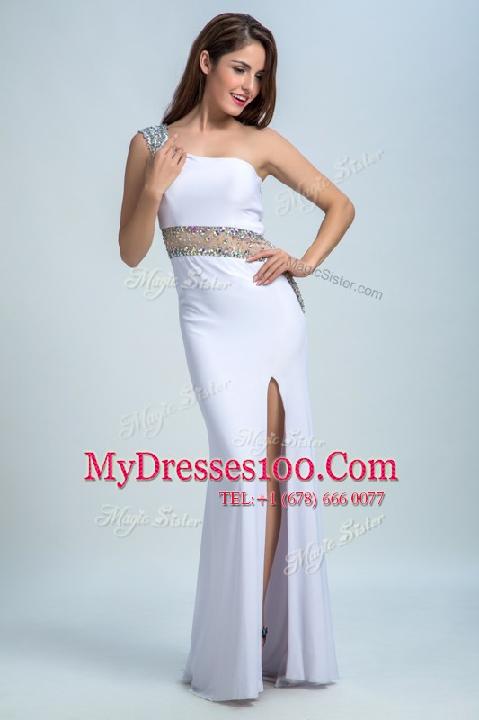 White Elastic Woven Satin Side Zipper One Shoulder Sleeveless Floor Length Prom Party Dress Beading