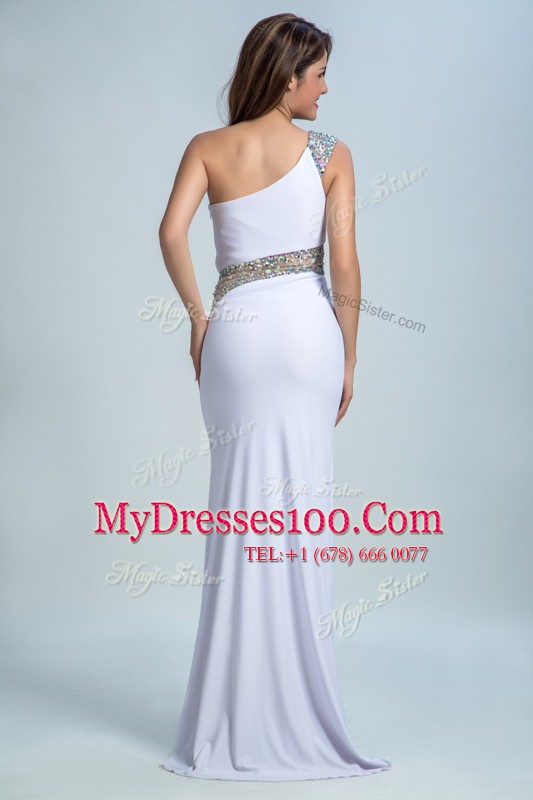 White Elastic Woven Satin Side Zipper One Shoulder Sleeveless Floor Length Prom Party Dress Beading