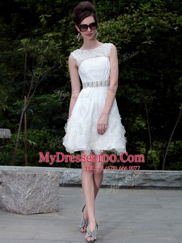 Inexpensive Scoop Mini Length White Cocktail Dresses Organza Sleeveless Beading and Belt