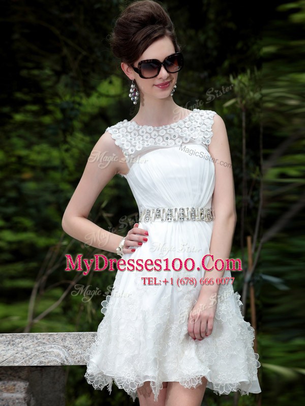 Inexpensive Scoop Mini Length White Cocktail Dresses Organza Sleeveless Beading and Belt