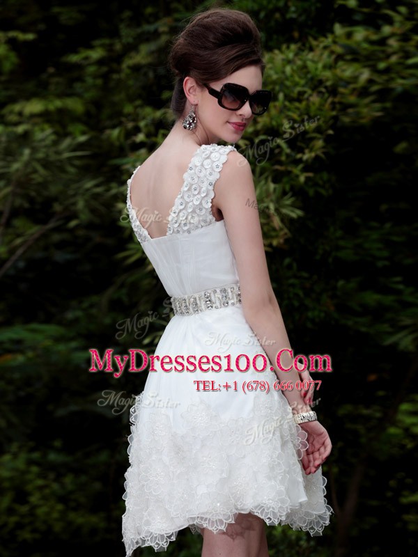 Inexpensive Scoop Mini Length White Cocktail Dresses Organza Sleeveless Beading and Belt