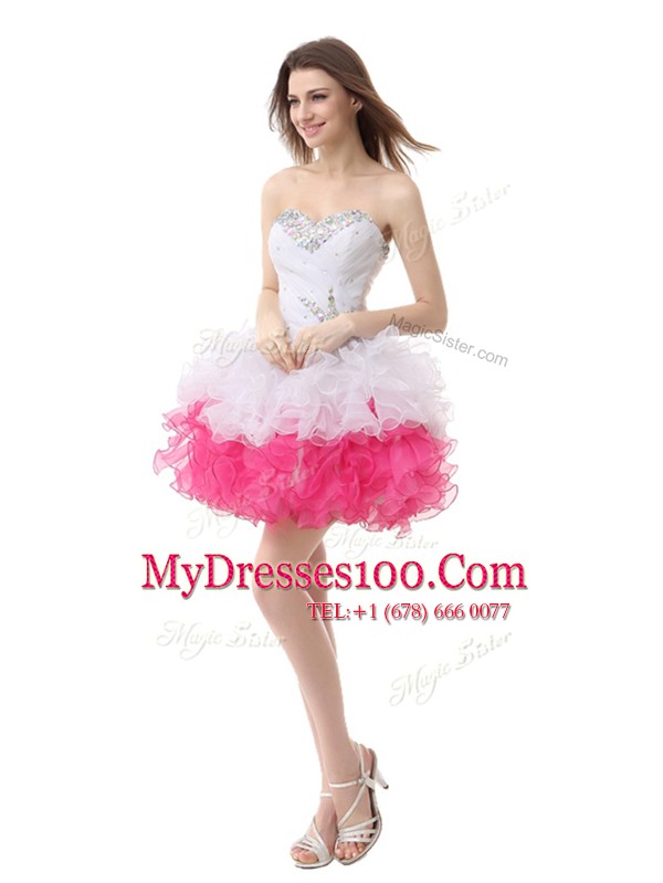 Vintage Pink And White Sleeveless Knee Length Beading and Ruffles Lace Up Evening Dress