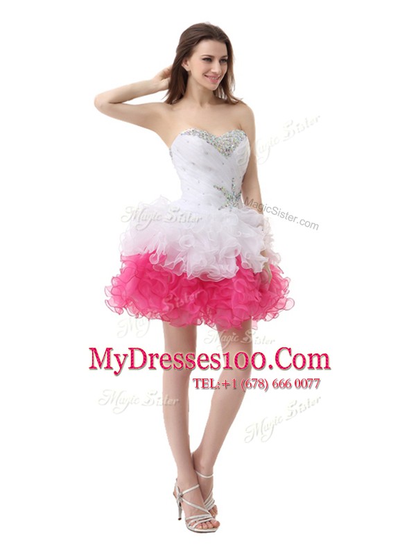 Vintage Pink And White Sleeveless Knee Length Beading and Ruffles Lace Up Evening Dress