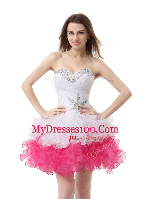 Vintage Pink And White Sleeveless Knee Length Beading and Ruffles Lace Up Evening Dress