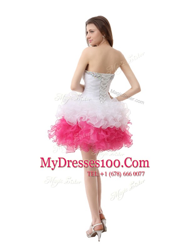 Vintage Pink And White Sleeveless Knee Length Beading and Ruffles Lace Up Evening Dress