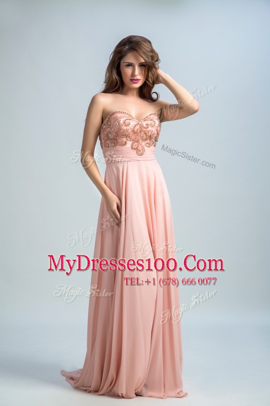 Enchanting Baby Pink Prom Evening Gown Prom and Party and For with Beading Sweetheart Sleeveless Brush Train Zipper