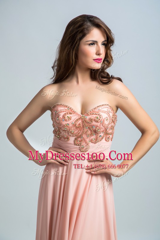 Enchanting Baby Pink Prom Evening Gown Prom and Party and For with Beading Sweetheart Sleeveless Brush Train Zipper