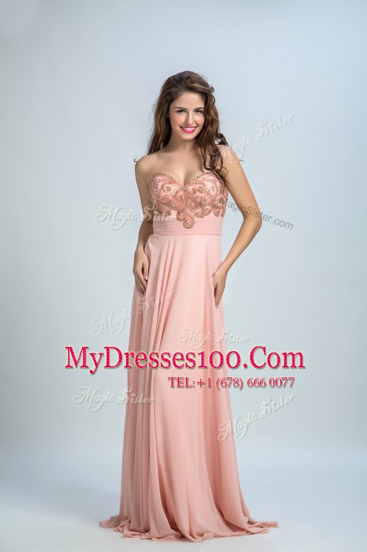 Enchanting Baby Pink Prom Evening Gown Prom and Party and For with Beading Sweetheart Sleeveless Brush Train Zipper