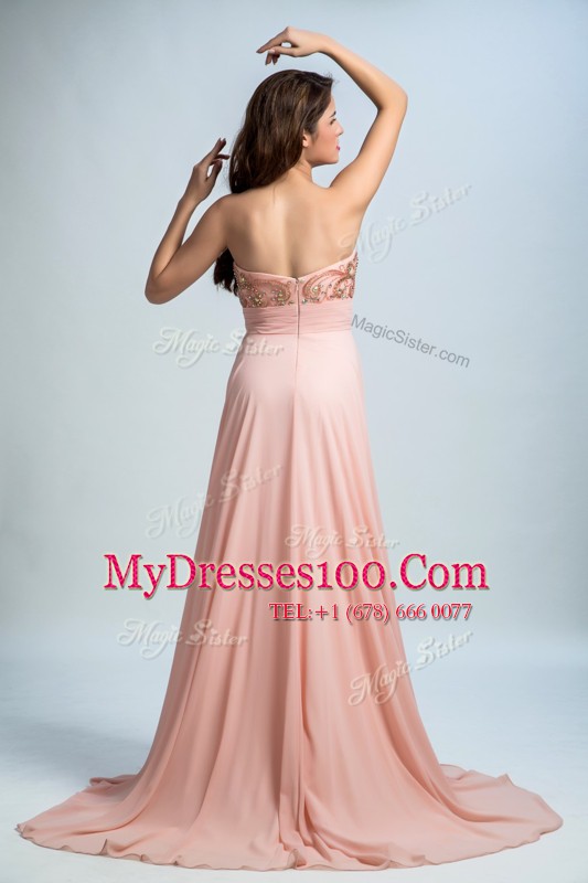 Enchanting Baby Pink Prom Evening Gown Prom and Party and For with Beading Sweetheart Sleeveless Brush Train Zipper