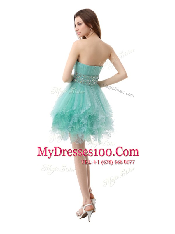 Adorable Turquoise Zipper Beading and Ruffled Layers Sleeveless Mini Length