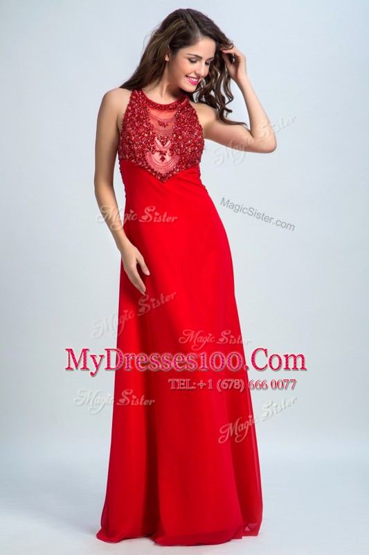 High Quality Red Scoop Neckline Beading Evening Dress Sleeveless Zipper