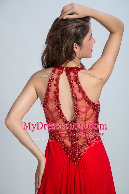 High Quality Red Scoop Neckline Beading Evening Dress Sleeveless Zipper