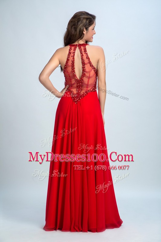 High Quality Red Scoop Neckline Beading Evening Dress Sleeveless Zipper