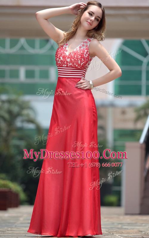 V-neck Sleeveless Evening Dress Floor Length Appliques Red Chiffon