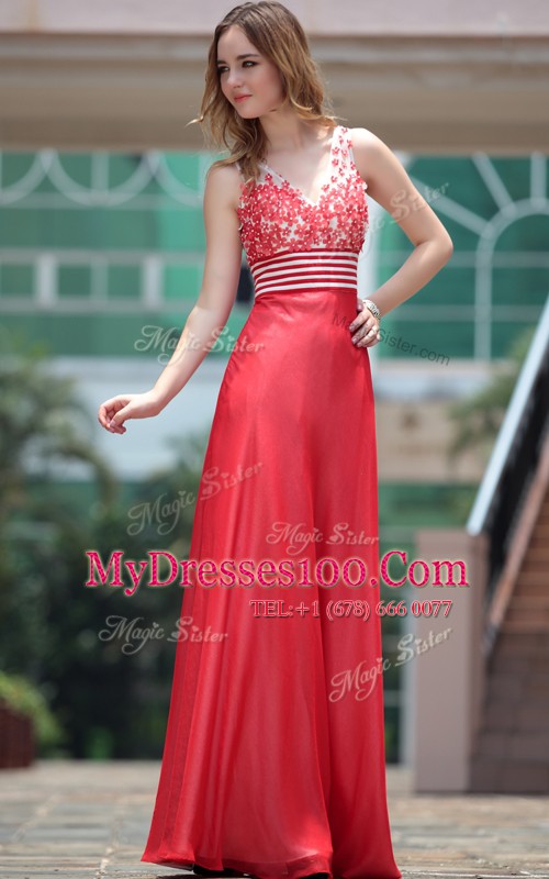 V-neck Sleeveless Evening Dress Floor Length Appliques Red Chiffon