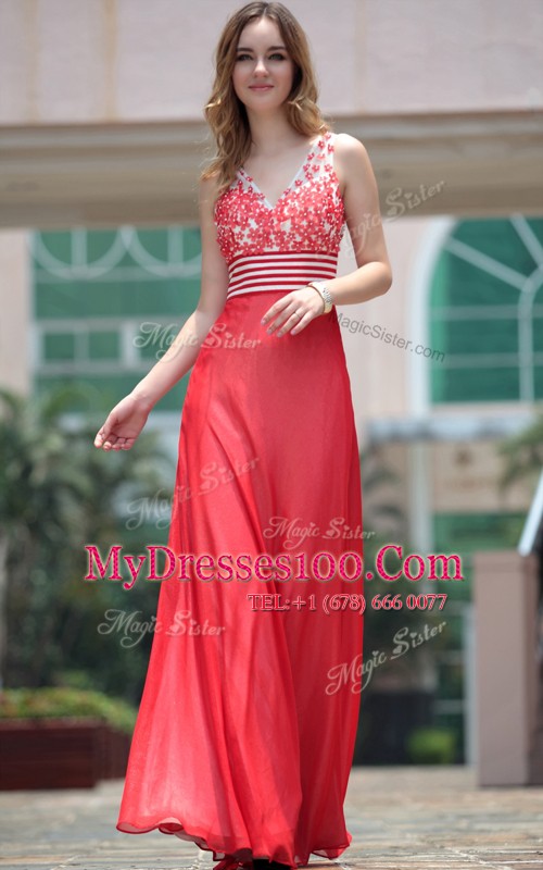 V-neck Sleeveless Evening Dress Floor Length Appliques Red Chiffon