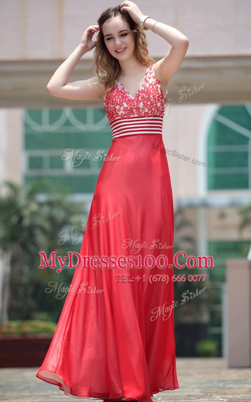 V-neck Sleeveless Evening Dress Floor Length Appliques Red Chiffon