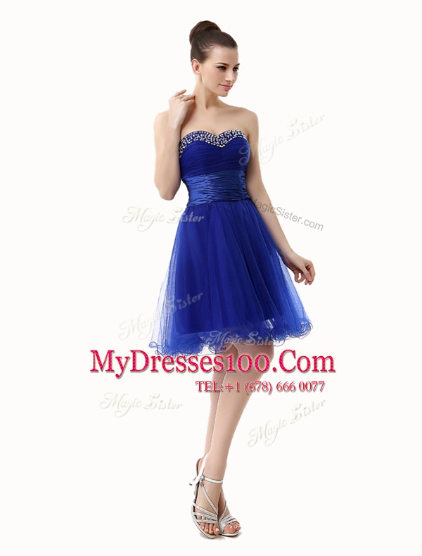 Fine Sequins Ruffled A-line Prom Dress Royal Blue Sweetheart Organza Sleeveless Knee Length Lace Up