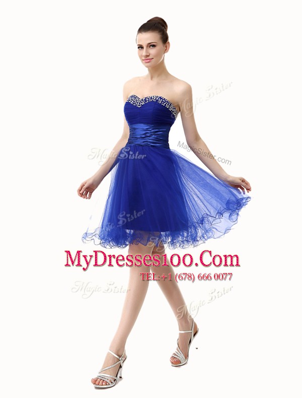 Fine Sequins Ruffled A-line Prom Dress Royal Blue Sweetheart Organza Sleeveless Knee Length Lace Up