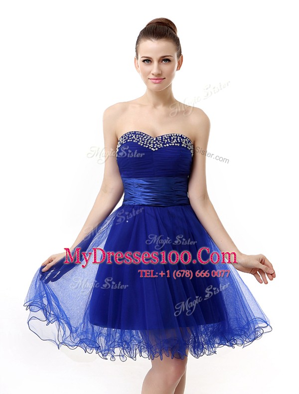 Fine Sequins Ruffled A-line Prom Dress Royal Blue Sweetheart Organza Sleeveless Knee Length Lace Up