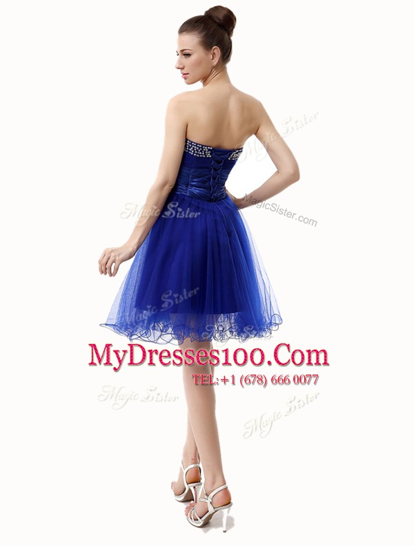 Fine Sequins Ruffled A-line Prom Dress Royal Blue Sweetheart Organza Sleeveless Knee Length Lace Up