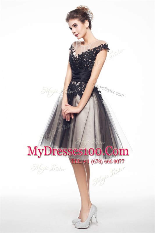 Best Selling Black Zipper Scoop Lace Cocktail Dresses Chiffon Cap Sleeves