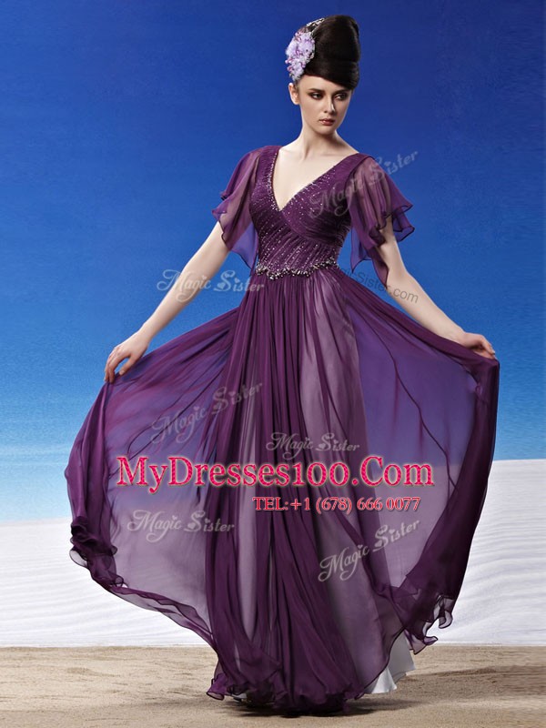 V-neck Short Sleeves Chiffon Mother Of The Bride Dress Beading and Ruching Side Zipper