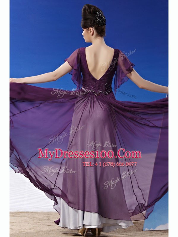 V-neck Short Sleeves Chiffon Mother Of The Bride Dress Beading and Ruching Side Zipper