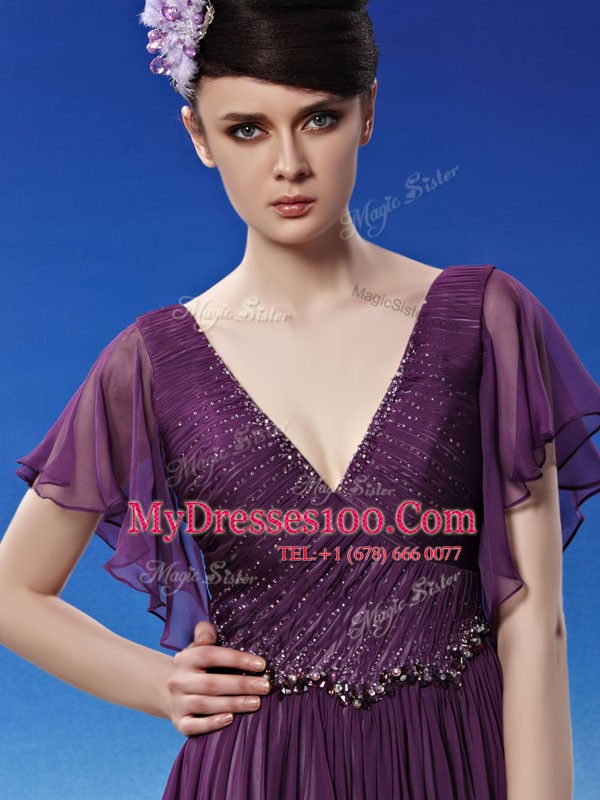 V-neck Short Sleeves Chiffon Mother Of The Bride Dress Beading and Ruching Side Zipper