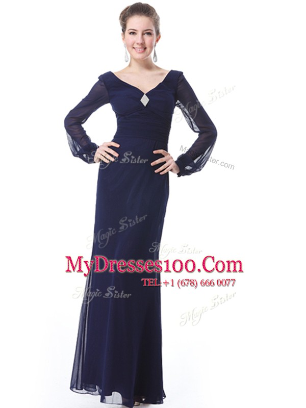 Clearance Navy Blue Column/Sheath Organza V-neck Long Sleeves Ruching Ankle Length Side Zipper Mother Of The Bride Dress