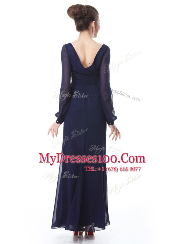 Clearance Navy Blue Column/Sheath Organza V-neck Long Sleeves Ruching Ankle Length Side Zipper Mother Of The Bride Dress