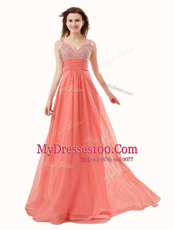 Designer V-neck Sleeveless Chiffon Prom Party Dress Beading Side Zipper