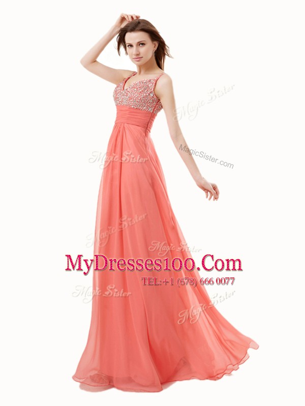 Designer V-neck Sleeveless Chiffon Prom Party Dress Beading Side Zipper