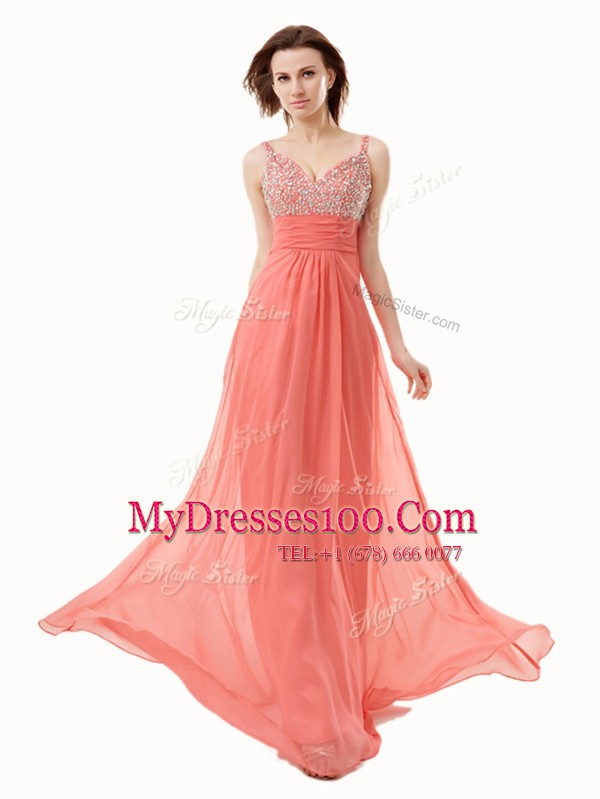Designer V-neck Sleeveless Chiffon Prom Party Dress Beading Side Zipper
