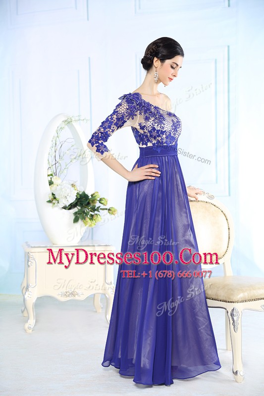 Pretty One Shoulder Blue Long Sleeves Chiffon Side Zipper Prom Dresses for Prom and Party