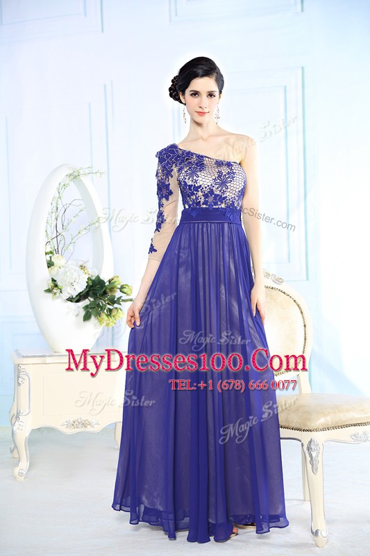 Pretty One Shoulder Blue Long Sleeves Chiffon Side Zipper Prom Dresses for Prom and Party