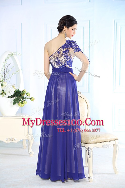 Pretty One Shoulder Blue Long Sleeves Chiffon Side Zipper Prom Dresses for Prom and Party